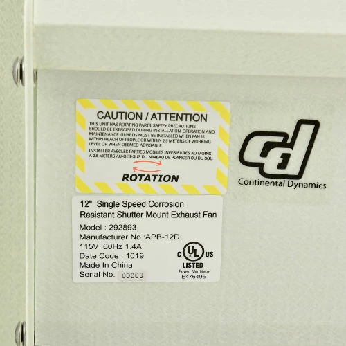 CD Continental Dynamics® 12" Corrosion Resistant Exhaust Fan, 1 Speed, 1/8 HP, Single Phase - Image 16