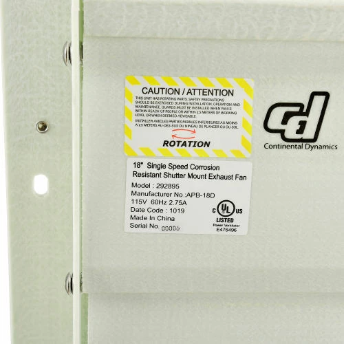 CD Continental Dynamics® 18" Corrosion Resistant Exhaust Fan, 1 Speed, 1/4 HP, Single Phase - Image 16
