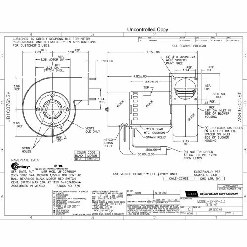 A.O. Smith 3.3" Shaded Pole Draft Inducer Blower, 775 3000 RPM 230 Volts